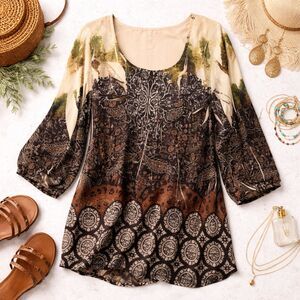 One World Silky Soft Boho Inspired Sublimation Print 3/4 Sleeve Top Sz PXL NWOT